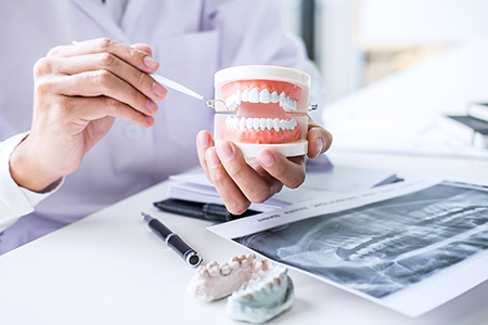 The image shows a dental professional holding a model of a human mouth, with various dental tools and equipment in the background.